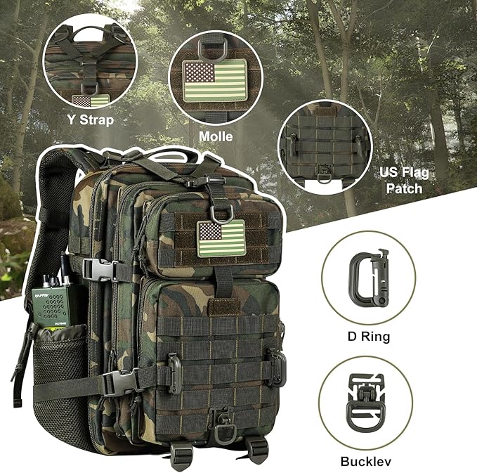 30L MOLLE Assault Pack, Tactical Backpack Military Army Camping Rucksack with Bottle Holder, 3-Day Pack, US Woodland