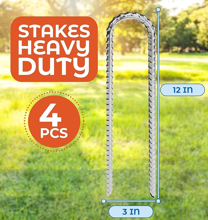 Happin® Ultra Strong Trampoline Stakes Anchors High Wind, Ground Anchors Heavy Duty, Trampoline Tie Down Anchor Kit, Ground Stakes Galvanized Steel, Trampoline Accessories, U Shaped (4 Pack, Silver)