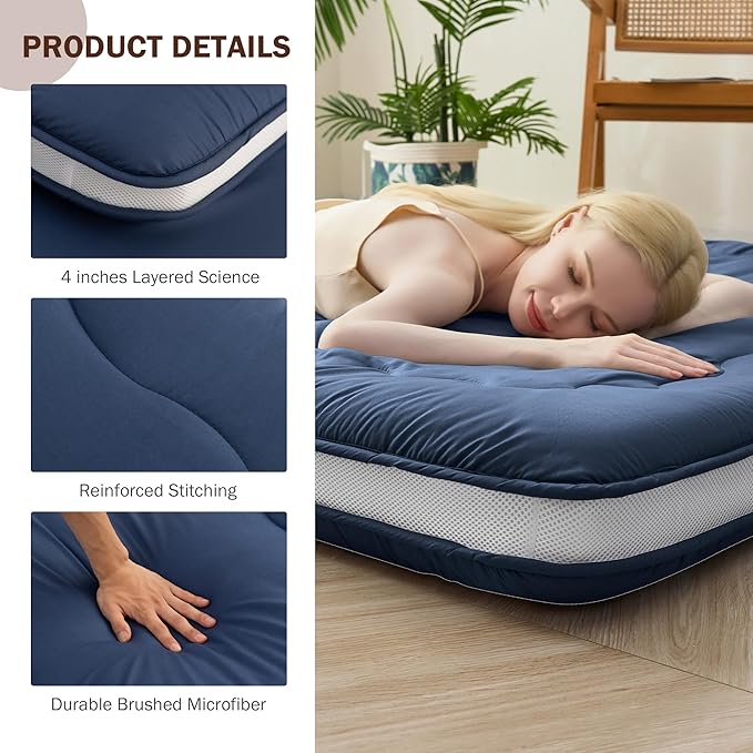 Japanese Floor Futon Mattress Twin Size, 4" Thicken Foldable Mattress Tatami Mat Sleeping Pad, 32D Foam Filled Traditional Shiki Futon (shikibuton), Designed in Japan (Navy Blue 39"x 80")