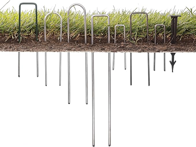GardenMate 100-Pack Anti-Rust 6'' 11 Gauge Heavy-Duty Flat-Top U-Shaped Garden Stakes Staples Spikes Pins Pegs - Ground Stakes for Anchoring Landscape Fabric