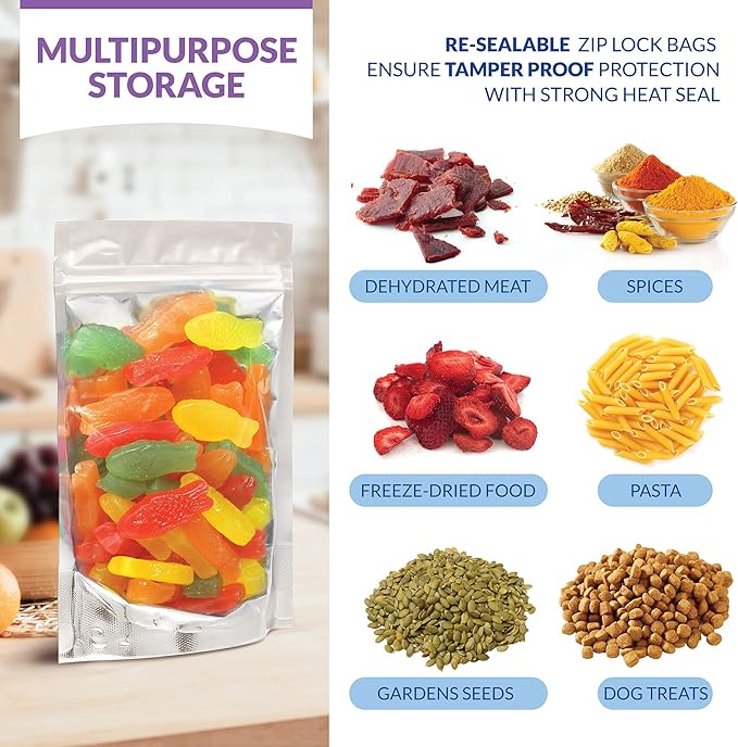 Stand Up Mylar Bags 5.5” x 8” +1.6" Heat Seal For Candy & Food Packaging, Medications And Vitamins - 100 Sealable Mylar Ziplock Bags with Gusset Bottom - For Liquid And Solids (5.5” x 8” + 1.57”)