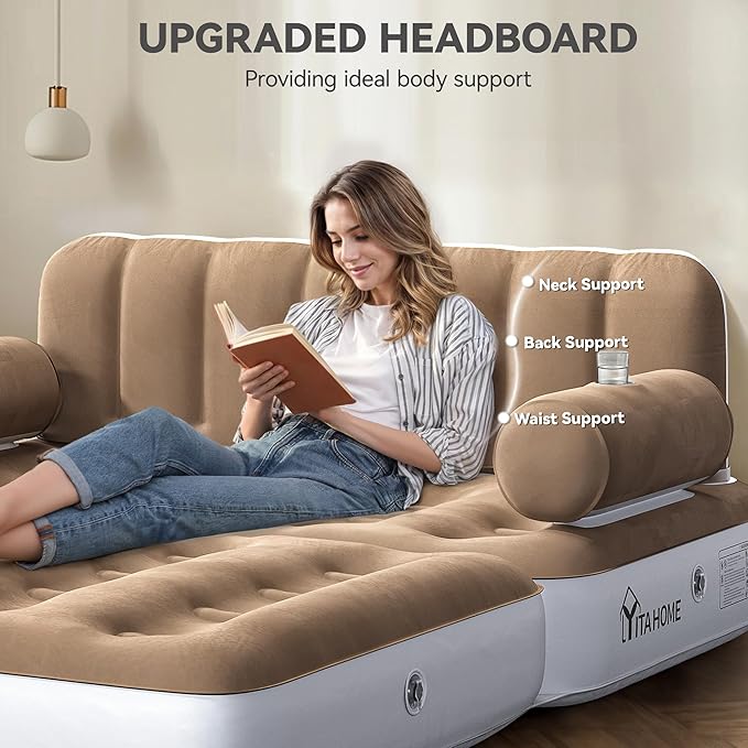YITAHOME Queen Size Air Sofa Bed Mattress with Headboard and Pump, Blow Up Couch Inflatable Bed for Home Living Room, 79" x 60" x 25" (Expanded Size, Brown)