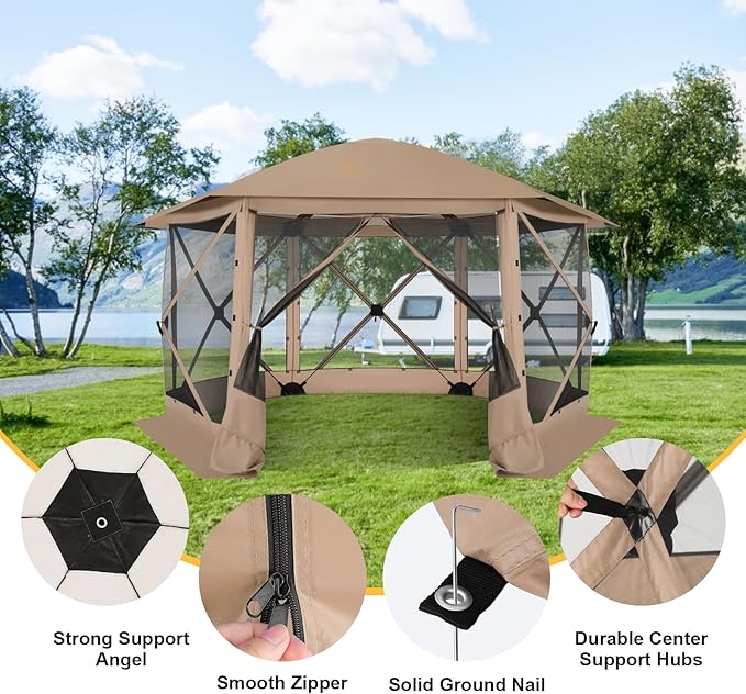 COBIZI 12x12 FT Pop Up Canopy Stargazing Tent, Gazebos On Clearance with Removable Roof,Instant Screened in Gazebo, Screen Tents Portable carpas para Patio for Outdoor Camping,Backyard, Garden,Khaki