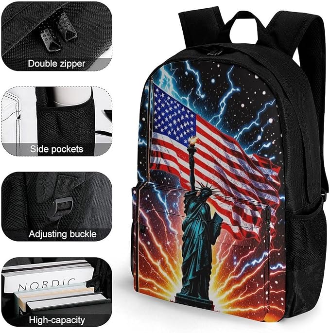 Shoulder Book Bags Anti-Theft Multipurpose Big Capacity Bookbag, American Usa Flag Lightning Statue Of Liberty Travel Hiking Backpack With Smooth Zippers