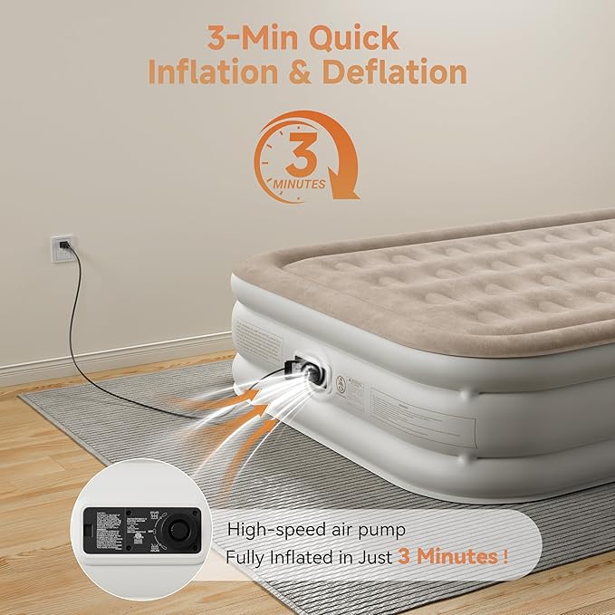 Sebor Air Mattress Twin with Built-in Pump 18", Comfortable Self-Inflating Air Mattress with High-Speed Pump, Durable Blow Up Mattress Twin with Storage Bag for Guests, Camping, Travel