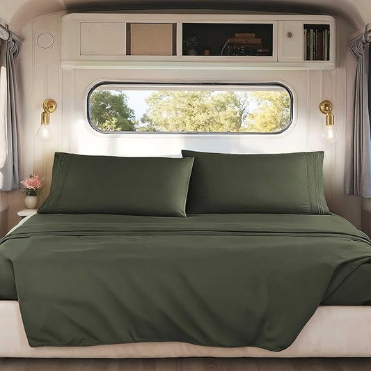 Hearth & Harbor Short Queen Sheets for RV, Olive Green RV Queen Sheets, Silky Soft 1800 Microfiber Bed Sheet for Camper, 4 Piece RV Bedding with Pillowcases