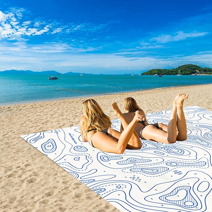 Beach Blanket Sandproof, 78''×86'' Large Waterproof Sand Free Beach Mat for 4 Adults, Big Compact Foldable White Beach Essential with 4 Stakes & 4 Corner Pockets for Picnic, Camping, Travel