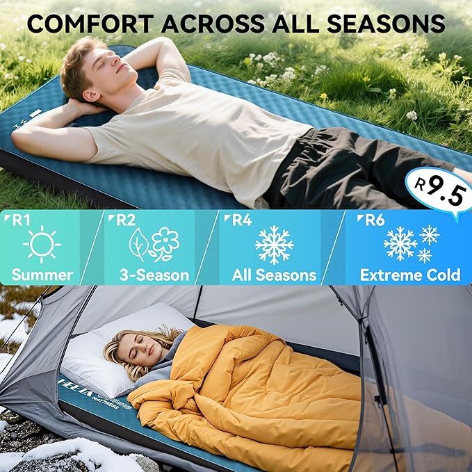 HEETA Waterproof Duffel Bag Motorcycle Dry Bag (Green 60L) Bundled with Self Inflating Sleeping Pad with Electric Pump, 4" Ultra Thick Memory Foam Camping Mattress