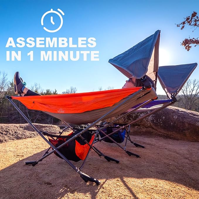 Portable Hammock with Stand, World's Best Mock ONE® Hammock, Compact Folding Framed Hammock with Adjustable Sunshade Canopy for Park, Backyard, Garden, Camping, Hiking, Mountaineering, Beaches- Orange