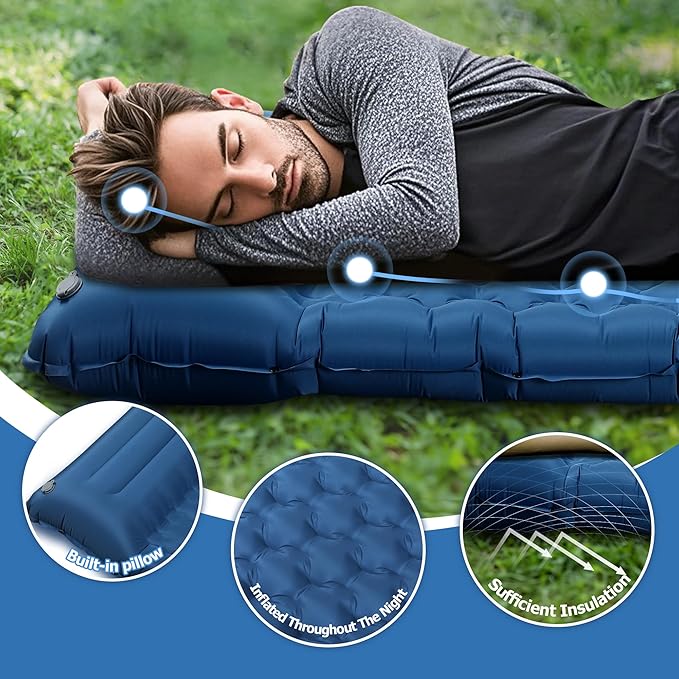 5.1" Thick Double Sleeping Pad with Foot Pump & Pillow, 77.5x53.9 2-Person Air Mattress for Camping, Ultralight & Compact for Backpacking, Hiking, Car Travel Navy Blue