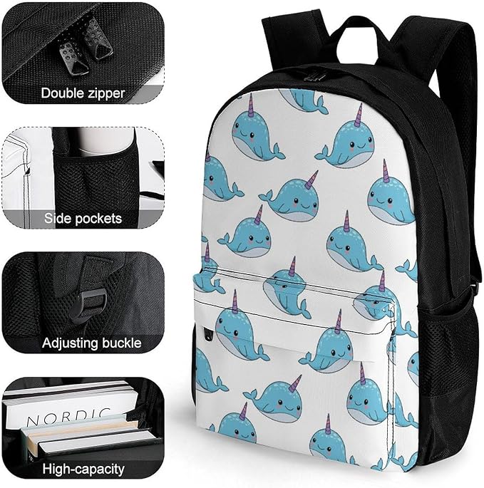 Backpack Polyester Multipurpose Anti-Theft Unicorn Whale Narwhal Shoulder Bag Big Capacity Gym Outdoor Hiking Backpack With Padded Straps