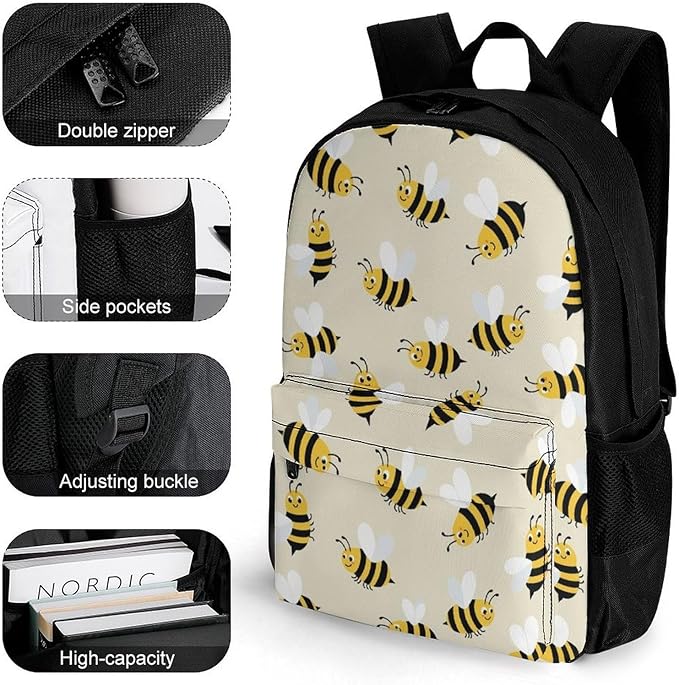 Polyester Daypack Backpack for Sports Travel Running, Big Capacity Anti-Theft Multipurpose Carry On Bag, Cute Bee Pattern Laptop Book Bag Rucksack