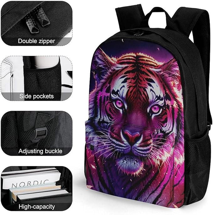 Men Women Lightweight Beautiful Flower Wild Animal Tiger Abstract Art Daypack Bookbag Big Capacity Carry On Bag With Side Pockets for Camping Travel Bicycle