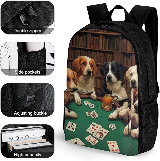 Men Women Polyester Dogs Playing Poker Cards Library Funny Dog Daypack Bookbag Big Capacity Shoulder Bag With Padded Straps for Climbing Travel Walking Cycling