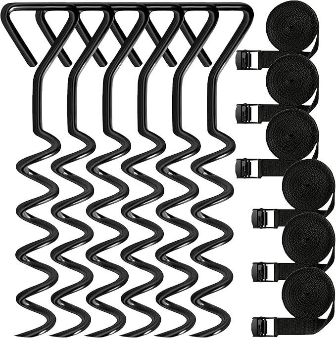 Trampoline Stakes Tent Garden Stake Heavy Duty Trampoline Parts Tent Canopies, Carports,Swing Sets Stake Corkscrew Shape Steel Stakes Anchor Kit,Bonus 6 Strong Belt,Black