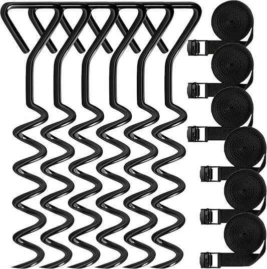 Trampoline Stakes Tent Garden Stake Heavy Duty Trampoline Parts Tent Canopies, Carports,Swing Sets Stake Corkscrew Shape Steel Stakes Anchor Kit,Bonus 6 Strong Belt,Black
