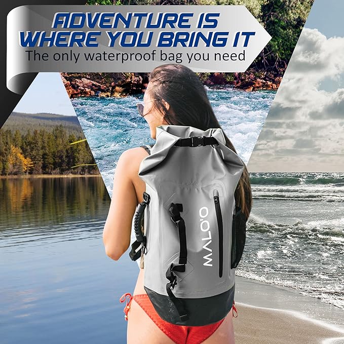 Malo'o 45L Waterproof Heavy Duty Backpack Dry Bags for Kayaking, Camping, Fishing, Hiking Daypack - Beach Accessories, Boat accessories, and Travel Gear - Fishing Rod Case Straps (Gray)