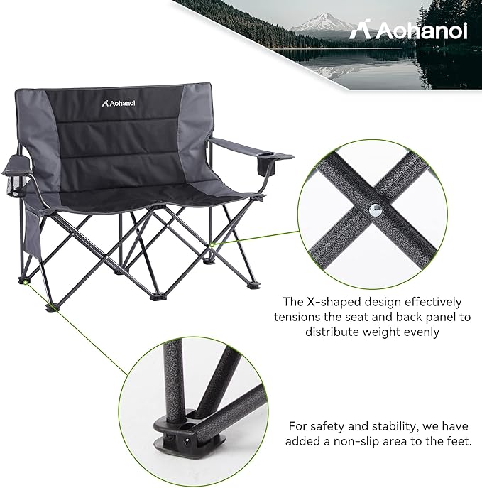 Oversized Double Camping Chairs for Adults, 2 Person Padded Folding Camp Chairs with 2 Cup Holders, Side Pocket for Outside, Picnic, Lawn, Big Heavy Duty Outdoor Loveseat, Black