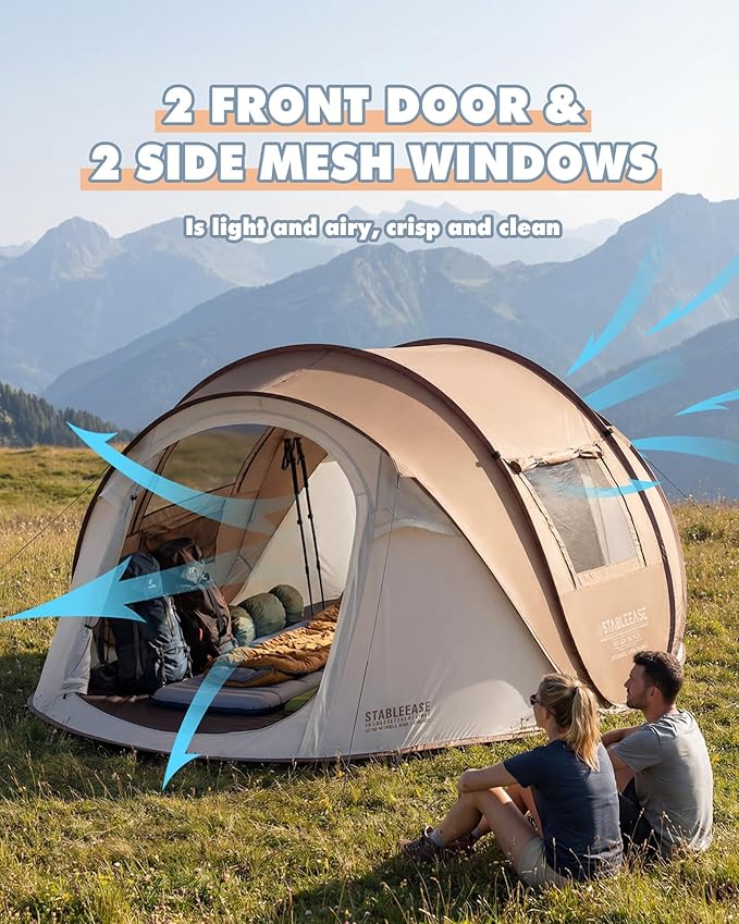 4 Person Instant Pop Up Tent, Automatic Waterproof Windproof Camping Tent with 2 Doors for Outdoor Hiking, Beach & Travel, Portable Family Tent with Carry Bag for Easy Setup