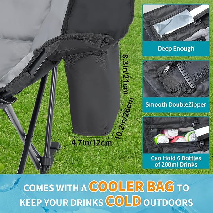 Oversized Rocking Camping Chair for Adults - Padded Recliner Rocker - Folding Lawn Chair with Cooler Bag and Pockets - Portable Rocker Chair Outdoor for Camp Patio Backyard