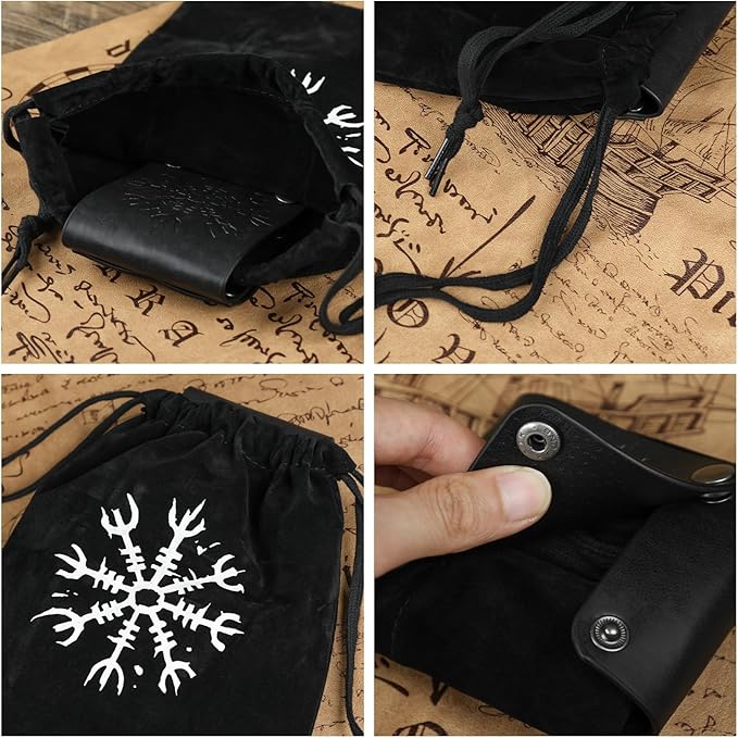 HiiFeuer Medieval Embossed Foraging Bag Belt Pouch, Portable Collapsible Bag Hiking Pouch for Ren Faire (Black A)