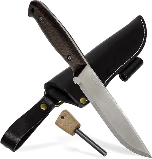 BPSKNIVES Nighthawk Adventurer - Camping Knife - Fixed-Blade Stainless Steel Survival Knife - Black Leather Sheath and Firestarter - Outdoor Full Tang Knives - Bushcraft Knives