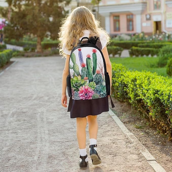 Men Women Lightweight Natural Cactus In Boho Style Flowers Twigs Cactus Backpack Large Capacity Carry On Bag With Padded Straps for Sports Work Walking Cycling