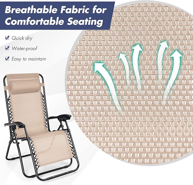 S AFSTAR Zero Gravity Chairs Set of 2, 3 PCS Folding Zero Gravity Lawn Chair Set with Side Table Cup Holders & Adjustable Headrest, Reclining Patio Chairs, Zero Gravity Lounger for Patio Poolside