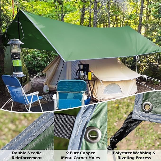 AYAMAYA Camping Tarp with Poles Heavy Duty, 10 x 15 FT Extra Large Waterproof Tarp Tent Awning, Hammock Rain Fly Sun Shelter for Camping, Beach, Picnic, Outdoor Activities