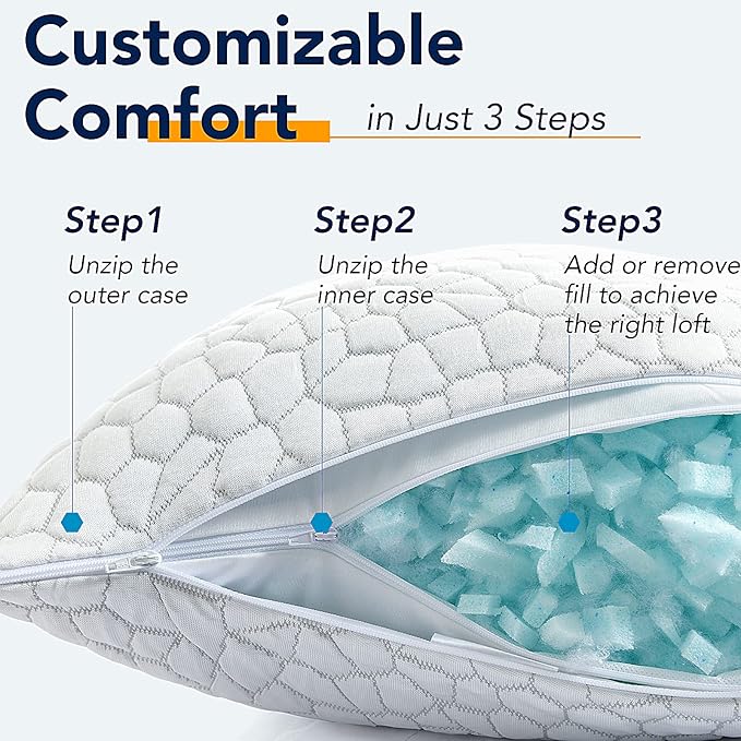 QUTOOL Cooling Bed Pillows for Sleeping Shredded Memory Foam King Pillows 2 Pack Gel Pillows King Size Set of 2, Support Yet Soft Adjustable Pillow for Side, Back Sleepers
