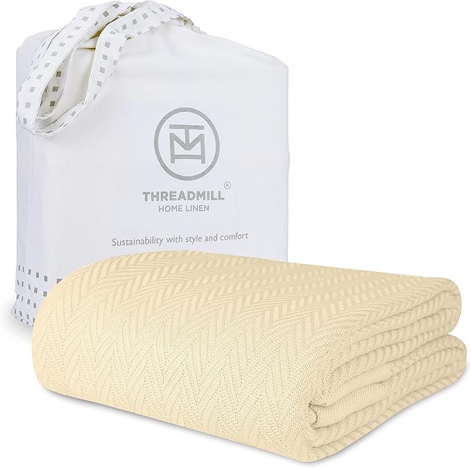 Threadmill Luxury Cotton Blankets for Queen Size Bed | All-Season 100% Cotton Queen Size Blanket | Herringbone Cozy, Soft Breathable Fall Thermal Blanket fits Full Size Bed | Vanilla Cream