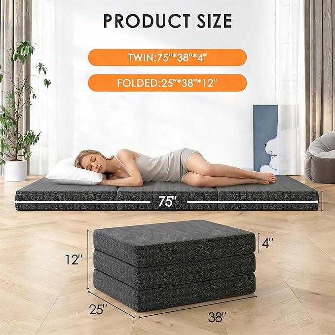 4 Inch Tri-Fold Mattress Twin Size, Portable Memory Foam Guest Bed with CertiPUR-US Certified Cooling Gel & Washable Cover, Folding Mattress for Camping, Dorm, RV & Living Room, Black