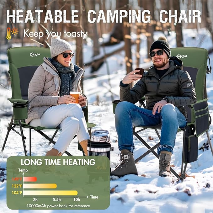 Portal Heated Camping Chairs for Adults Outdoor Sports Oversized Folding Lawn Chair with High Back, Heavy Duty 400 Lbs, Battery Not Included, Green