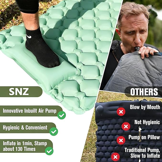 SNZ Camping Sleeping Pad, Ultralight Camping Mat with Pillow, Built-in Foot Pump Inflatable Sleeping Pads Compact for Backpacking, Tent, Travel, Outdoor Activities (Single)