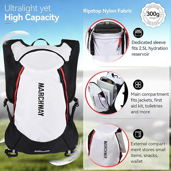 MARCHWAY Ultralight Hydration Backpack with 3L TPU Water Bladder, Sleek High-Capacity Day Pack for Cycling, Hiking, Running, Backpacking, Travel