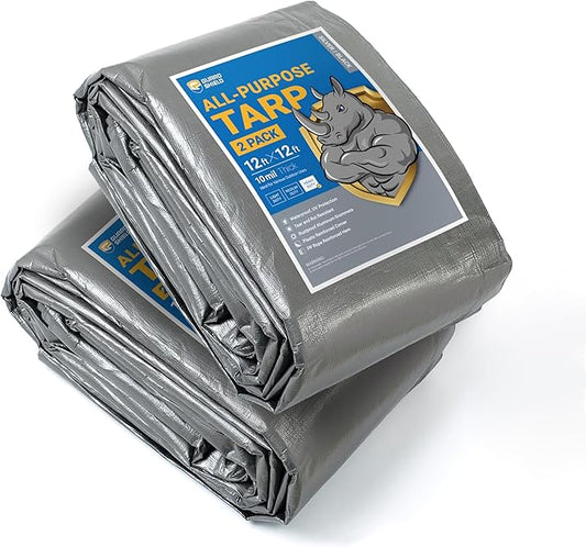 GUARD SHIELD Tarps Heavy Duty Waterproof 12x12 Feet Silver/Black Poly Tarp Cover Square Outdoor Thick UV Resistant Tarpaulin with Grommets 10mil (2-Pack)