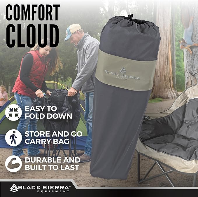 Black Sierra Oversized Camping Chair for Adults, Heavy Duty Outdoor Seat with Plush Padding, Supports 400lbs, Cup Holders & Carry Bag, Comfortable Folding Chair for Tailgating, Patio & Sideline Events