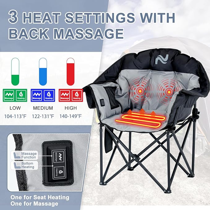 ABORON Oversized Heated Camping Chair, Portable Folding Recliner Chair with 3 Heat Settings & Massage Fuction, Fully Padded Heavy Duty Lawn Chair Supports Up to 400lbs, Ideal for Outdoor Relaxation