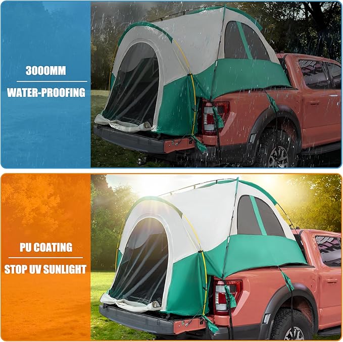 uxcell Pickup Truck Tent, Waterproof PU2000mm Double Layer for 6.4-6.7 FT Truck Bed, Portable Truck Bed Tent with Carry Bag Beige Green