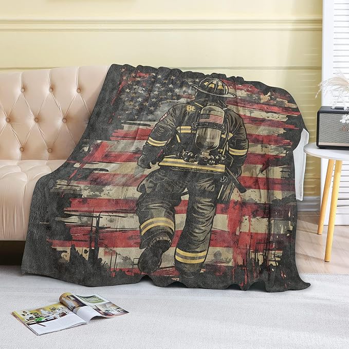 Firefighter Fleece Blanket - 40x50in American Flag Throw Blankets,Soft Cozy Lightweight, Ideal for Living Room Home Patriotic Decor and Kids Women Girls Spring Gifts