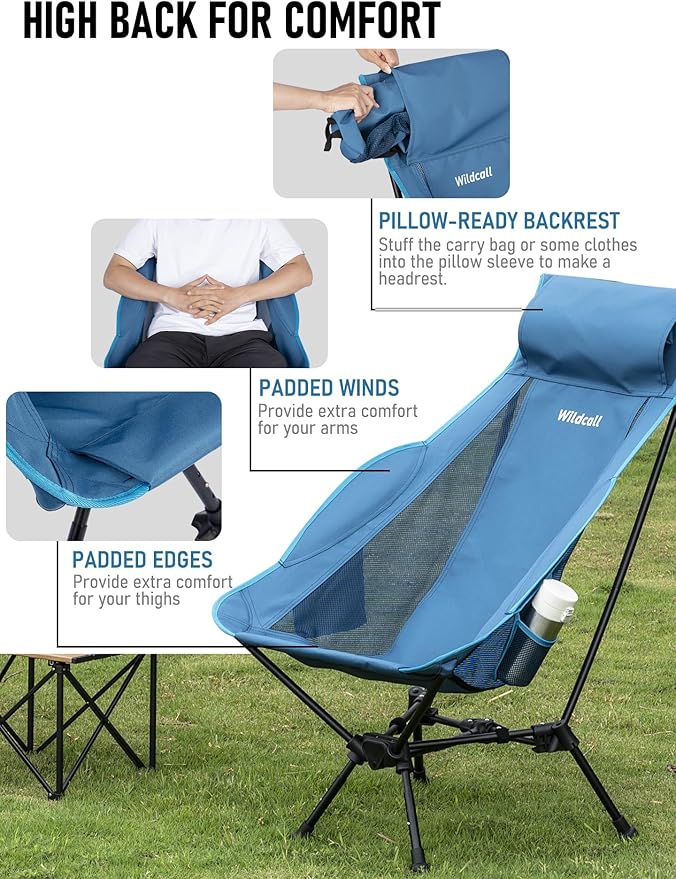 WildCall Lightweight Folding High Back Camping Chair with Head Support, Compact Beach Chair with Anti-Sinking Large Feet and Three Tilt Angles Adjustment