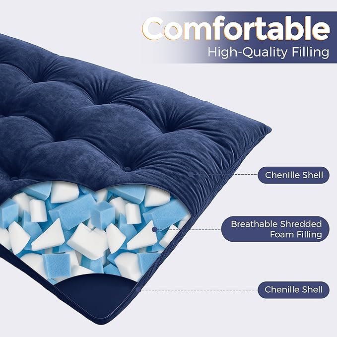 MAXYOYO Floor Mattress Full Size, 6" Chenille Japanese Futon Mattress Foldable Floor Bed for Adults Tufted Roll Up Floor Couch Bed, Tatami Mat Sleeping Pad for Living Room, Bedroom, Navy