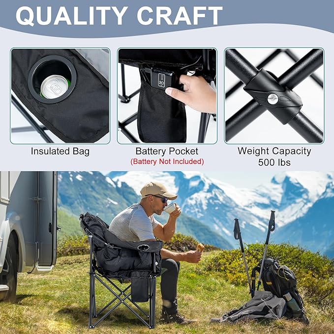 ABORON Oversized Heated Armrest Camping Chair, Portable Heated Folding Recliner Chair with 3 Heat Settings, Fully Padded Heavy Duty Chair Supports Up to 400 lbs, Perfect for Outdoor Adventures