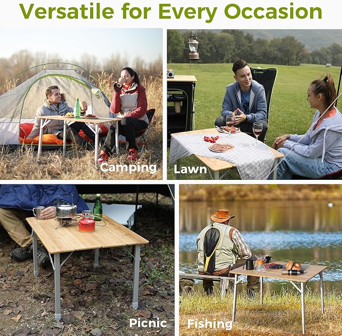 ATEPA Bamboo Folding Table, 32 * 24'' Adjustable Height Folding Camping Table, Eco Friendly l Wooden Folding Table with Aluminum Legs, Carry Bag for Picnic Beach Fishing Outdoor Indoor, 2-4 Person