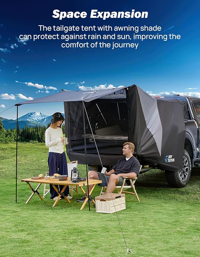 JOYTUTUS Truck Tent with Awning, Truck Bed Tailgate Tent Pickup Camping Tent Canopy (Only Fits Mid-Size Truck with Soft Hard Topper or Camper Shell)