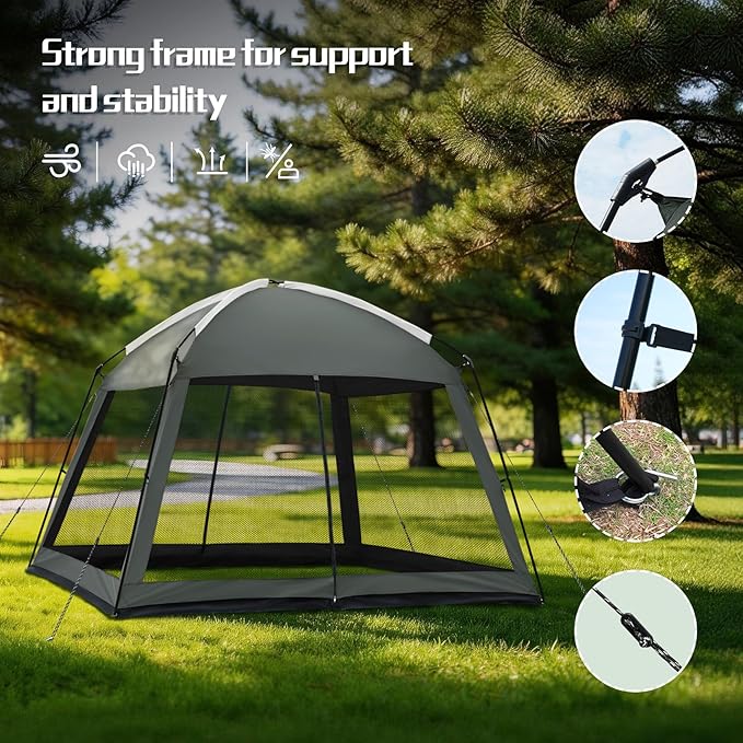 12 x 12 FT Camping Screen Tent for 8-10 Person, Easy Setup Screen House with UV 50+ Sun Protection & Mosquito Net for Camping, Backyard, Picnic, Patio Outdoor Gray