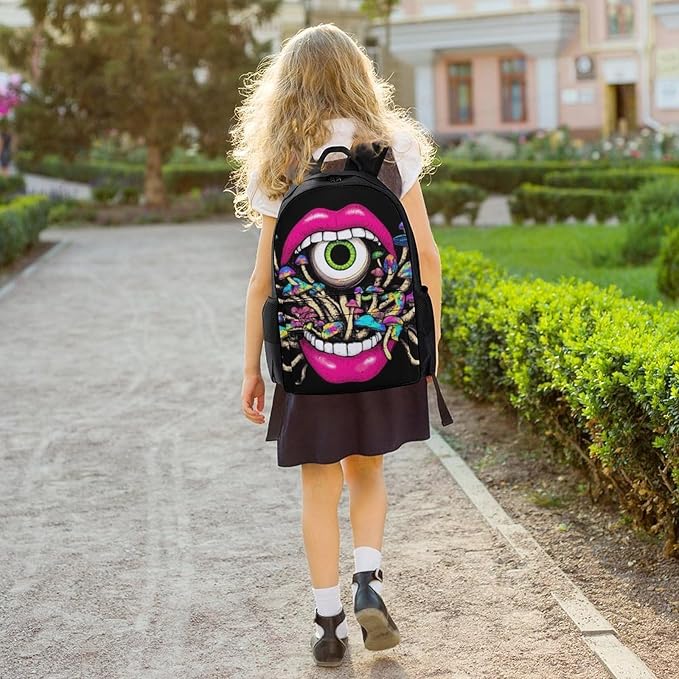 Men Women Lightweight Trippy Mushroom Lip Art Casual Daypack Big Capacity Bookbag With Padded Straps for Gym Travel Walking Cycling