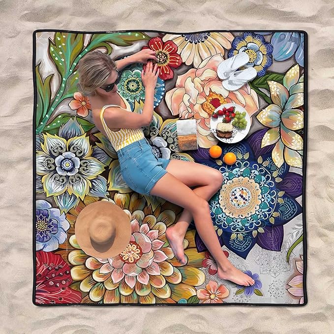 Waterproof Picnic Blankets Foldable & Portable 80''x80'' Boho Picnic Mat for Outdoors, Large Washable Picnic Blanket for Travel Camping Beach, Park Grass Picnic Blanket Accessories for Adults
