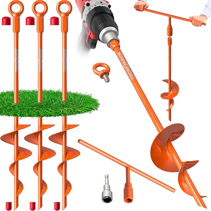 18" Heavy Duty Ground Anchors Kit (Orange 4 Pcs) - Shed Tree Tent Dog Canopy Trampoline Anchor Kit - Long Spiral Earth Auger - Tie Down Screw in Swing Set Anchors - to Ground Stakes - Sand Anchor Kit