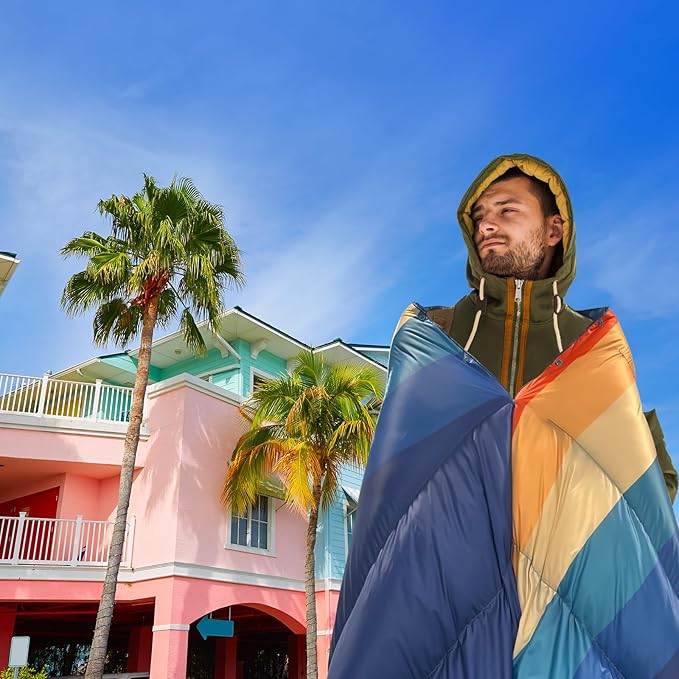 APSMILE Outdoor Down Blanket | Extra Warm & Puffy Camping Blanket | Water-Resistant, Lightweight, Packable Sleeping Quilt for Camp, Travel, Hiking, Picnic, Backpack (Stripe HD Printed, 52"x75")